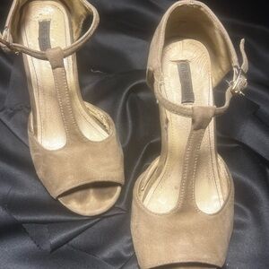 Cape Robbin Tan Suede T-Strap Peep Toe Heels with Ankle Buckle